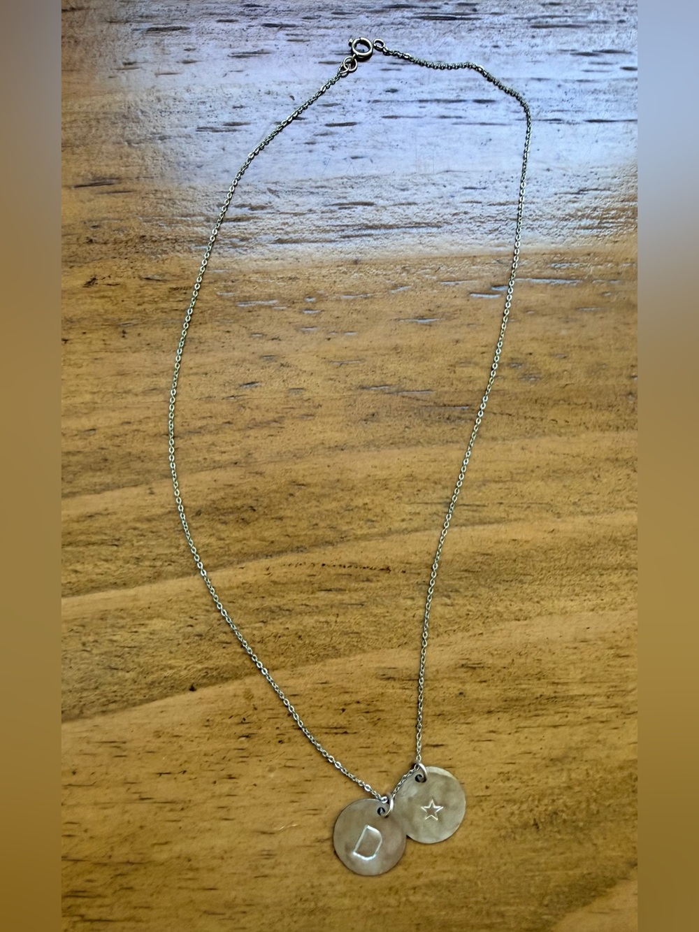 Gold Tone Cable 17” Chain Necklace Engraved Round Initial D & Star Charms